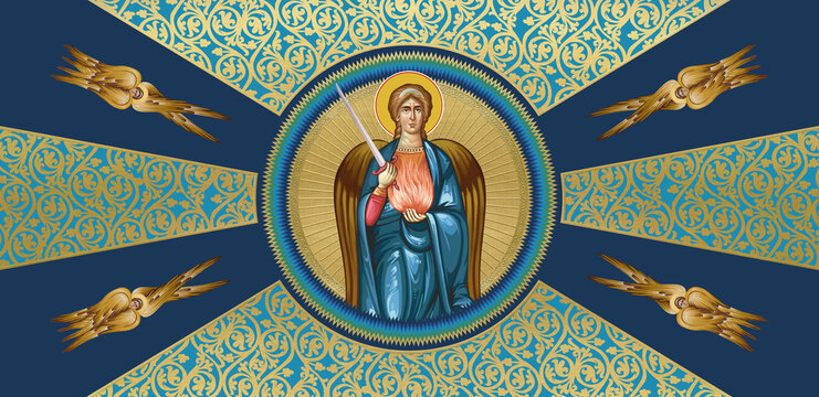 Archangel Uriel. Religious decorative dome with seraphim. Illustration in Byzantine style