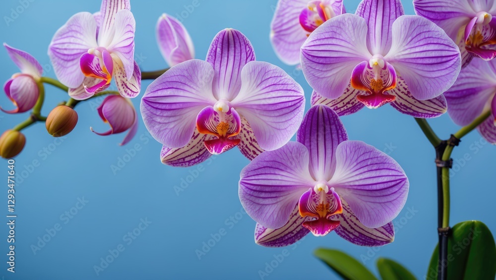 Poster colorful orchids with soft pastel hues against a serene blue background creating an elegant and tran