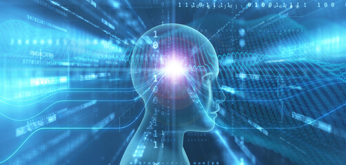 Digital human head profile and connections with big data flowing into the brain depicting neural system network. Artificial intelligence concept.