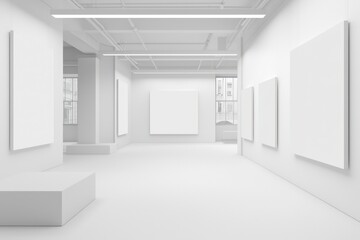 Blank canvases in a modern, minimalist art gallery.