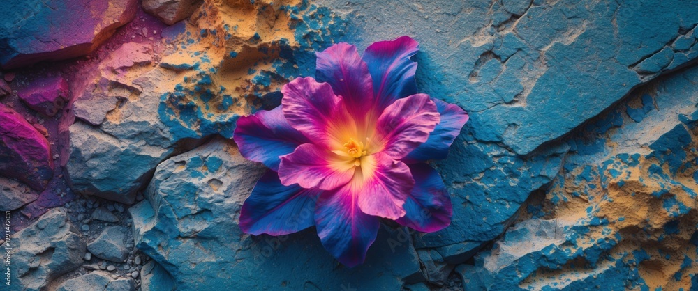 Poster vibrant flower nestled on textured stone background creating a striking contrast of color and nature