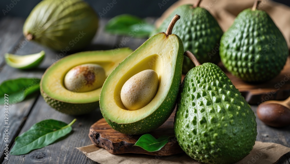 Poster fresh avocados displayed on wooden board with empty space for text ideal for healthy eating and cook