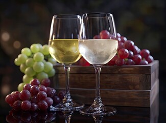 Red and white wine glasses with grapes on a dark background. A glass of red or pink wine, a glass filled with green grapes in a wooden box. 