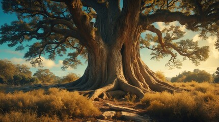 majestic centuries-old tree with thick roots and textured bark surrounded by golden grass at sunset in a serene landscape
