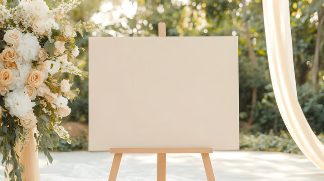 A wedding welcome sign mockup featuring an empty 36 x 24-inch canvas, styled on a handcrafted wooden easel. The natural surroundings of an elegant outdoor ceremony include neutral-toned floral