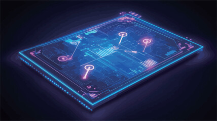 A digitally rendered image depicts an abstract representation of a circuit board.  The board is rectangular with glowing blue and pink neon lines forming complex patterns and connections.  Several