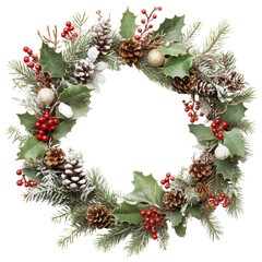 Fototapeta premium Festive Wreath: A vibrant, beautifully arranged Christmas wreath, decorated with pinecones, holly, berries, and ornaments, embodies holiday spirit and festive cheer.