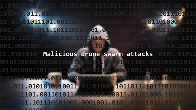 Cyber attack malicious drone swarm attacks text in foreground screen, anonymous hacker hidden with hoodie in the blurred background. Vulnerability text in binary system code on editor program.