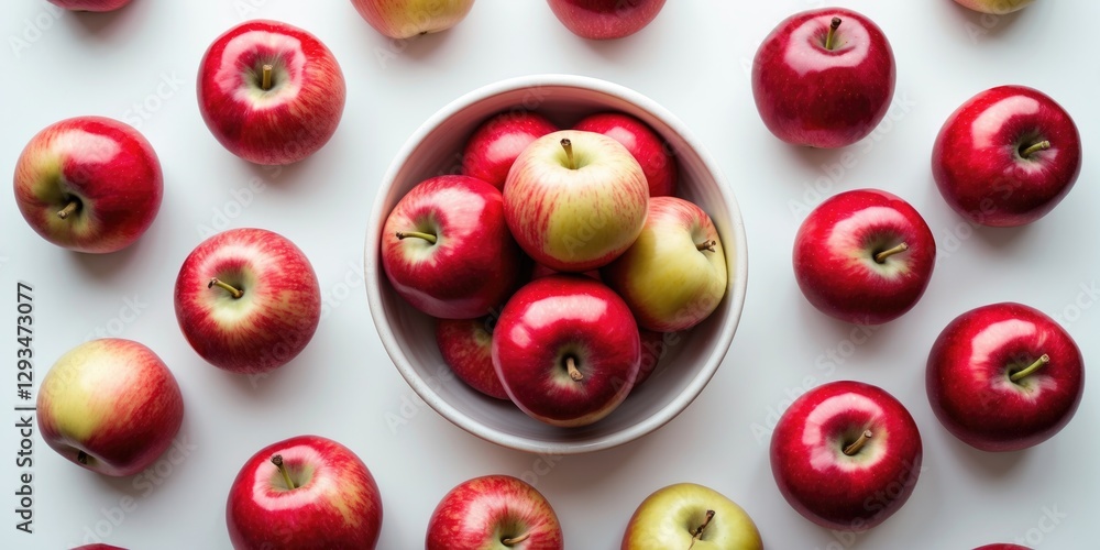 Poster fresh red and green apples in a bowl surrounded by whole apples on a white background with space for
