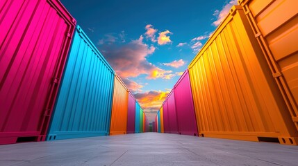 A vibrant perspective of colorful shipping containers under a dramatic sky, creating a striking visual pathway filled with hues of blue, pink, and orange.cargo management warehouse scheduling