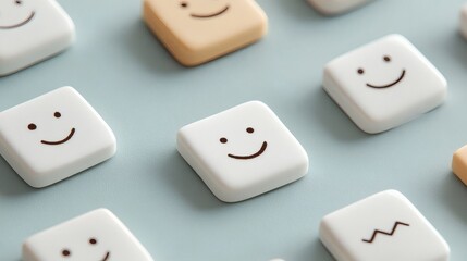 Smiley face keys arranged on a pastel green surface showcasing a variety of expressions and emotions during a creative design process