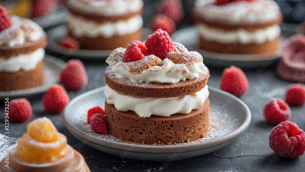 Poster decadent layered chocolate cake topped with fresh raspberries and cream against a moody backdrop of 