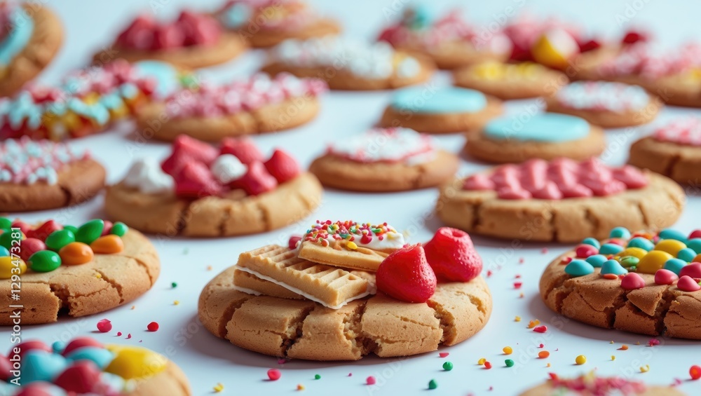Aufkleber assorted decorated cookies with vibrant icing and toppings arranged on a white background for festiv
