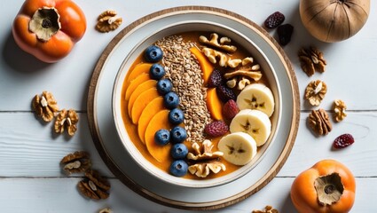 Colorful Fruit Smoothie Bowl with Persimmon, Banana, and Walnuts on White Wooden Tray Healthy Eating Concept Top View.