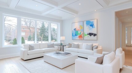 Fototapeta premium Elegant Modern Living Room, showcasing luxurious fabrics, refined decor, sophisticated symmetry, creating a timeless and inviting atmosphere for relaxation and gatherings.