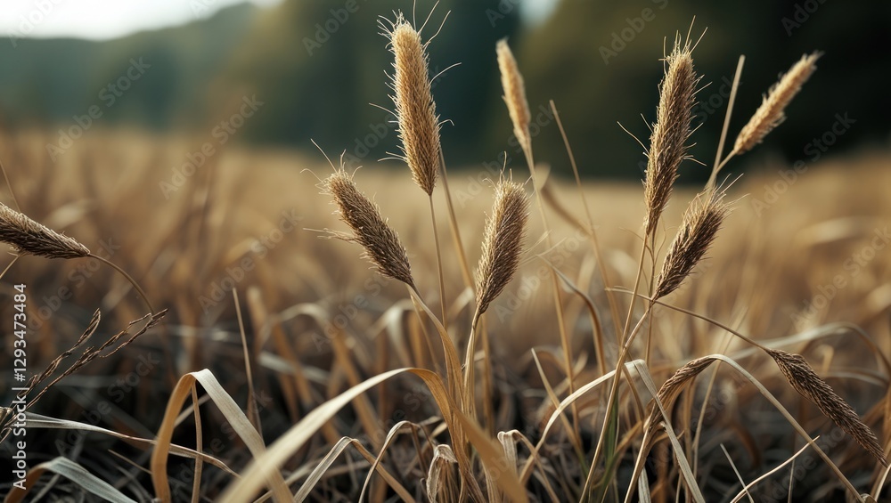 Poster dried meadow grass spikes swaying in the breeze with a soft blurred background showcasing a serene n