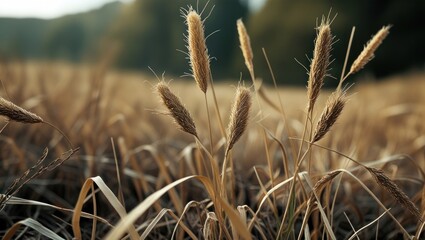 Fototapeta premium Dried meadow grass spikes swaying in the breeze with a soft blurred background showcasing a serene natural landscape.