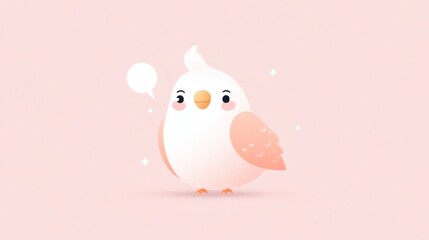 Cute cartoon bird with blush pink feathers and a cheerful expression against a soft pastel background