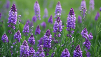 Vibrant Purple Wildflowers Blooming in a Lush Green Field Under Soft Natural Light