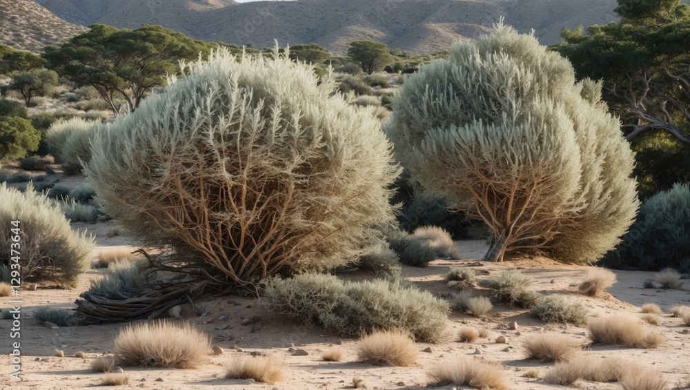 Poster tamarisk shrubs in arid landscape with soft textures and natural lighting ideal for nature-themed de