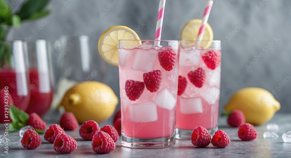 Aufkleber refreshing raspberry lemonade in party glasses with ice and fresh lemons on a gray background perfec