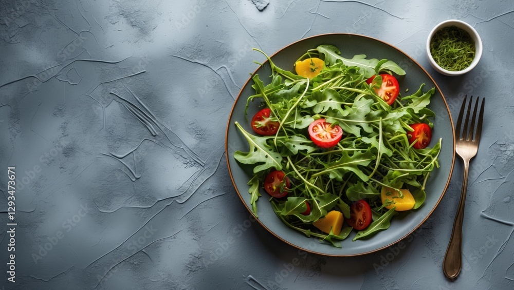 Poster fresh arugula salad with cherry tomatoes and peppers on textured gray table top with space for your 