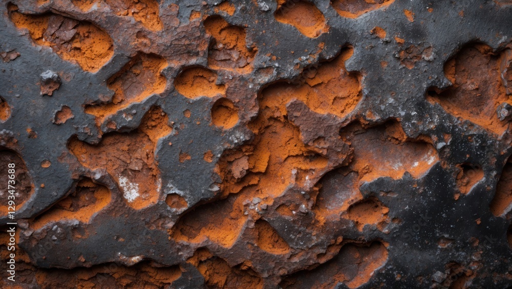 Poster rusty metal surface with textured patterns highlighting corrosion and decay in varying shades of ora