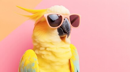 Colorful parrot wearing stylish sunglasses poses against a vibrant pink background