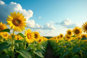 Fototapeta premium A field of sunflowers stretching towards the sky, blossoms, garden,