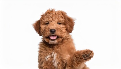 Adorable Red Abricot Australian CobberdogLabradoodle Pup Strikes a Playful Pose, Radiating Joy and Energy in an Australian Outback Scene.