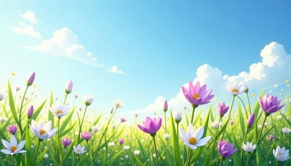 Fototapeta premium A field of white and purple flowers swaying in the wind against a soft blue sky with a few wispy clouds, sunny, sky, warm
