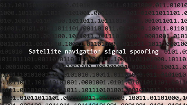 Cyber attack satellite navigation signal spoofing text in foreground screen, anonymous hacker hidden with hoodie in the blurred background. Vulnerability text in binary system code on editor program.