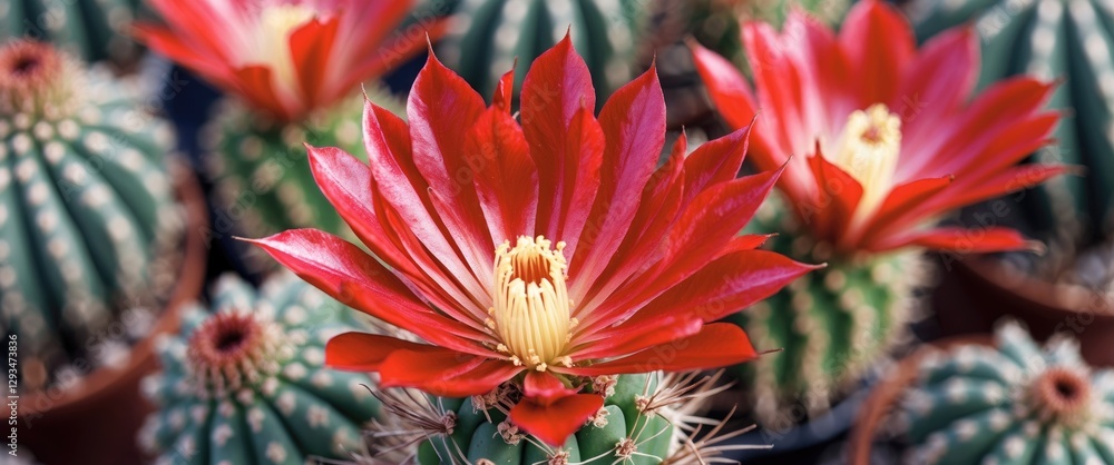 Poster vibrant red cactus flower in full bloom with succulent background and space for custom text overlay