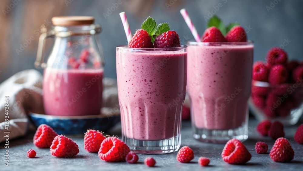Aufkleber refreshing raspberry smoothies with fresh berries and mint garnish on a rustic table setting