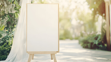 A blank wedding welcome sign mockup set on a 36 x 24-inch wooden easel, positioned on a sunlit garden pathway. The neutral color palette of cream and white is complemented by soft green foliage. A
