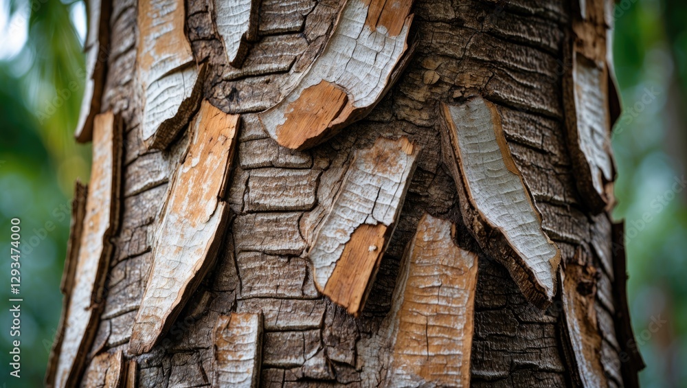 Poster close-up of textured surface of tropical tree bark showcasing unique patterns and colors in natural 