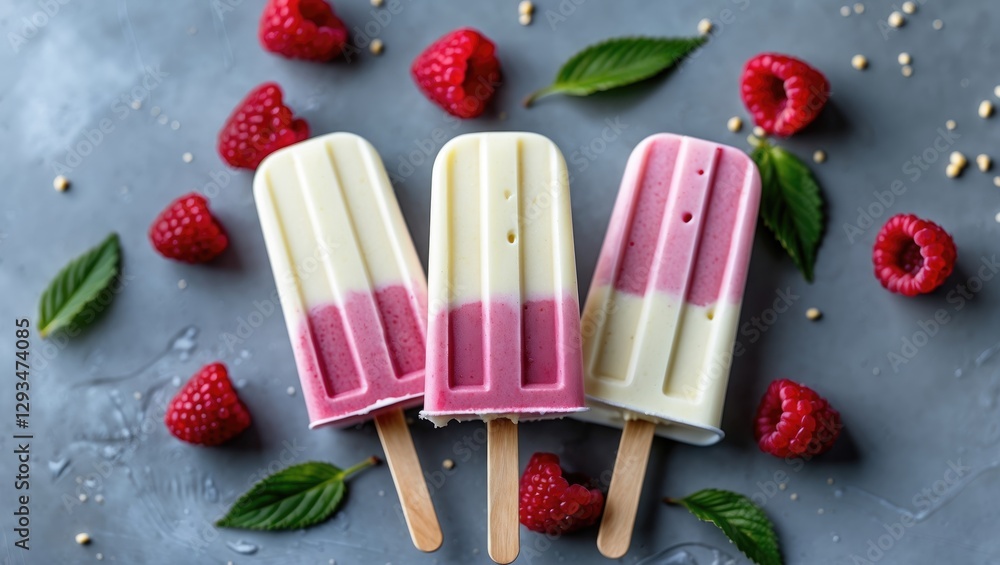 Poster raspberry vanilla yogurt ice pops on a gray table surrounded by fresh raspberries and mint leaves wi