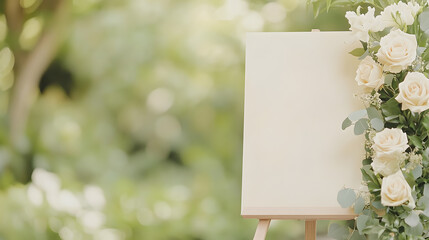 A minimalist wedding welcome sign mockup displayed on a 36 x 24-inch wooden easel, surrounded by soft beige and cream florals. The scene is set in a tranquil outdoor garden with lush greenery in the