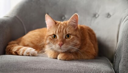 Charming Ginger Cat Nap Time Bliss on a Grey Armchair, Creating a Cozy and Calming Living Room Ambiance with a Touch of Elegance