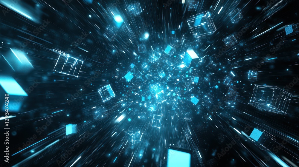 Poster data cubes exploding in digital space, futuristic background; tech concept