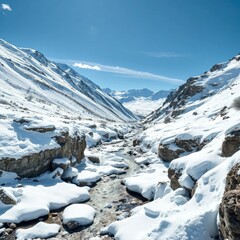 Obraz premium Alpine terrain covered in snow and ice with a frozen stream, stream, ice