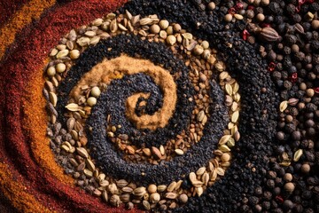 Vibrant spiral composition of global spices for culinary inspiration and cultural celebration