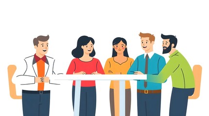 Colorful Cartoon-Style Illustration of Five Diverse Individuals Around a Rectangular Table, Engaged in Conversation with Distinct Attire