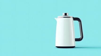Obraz premium Elegant white kettle on a light blue background creates a modern kitchen aesthetic