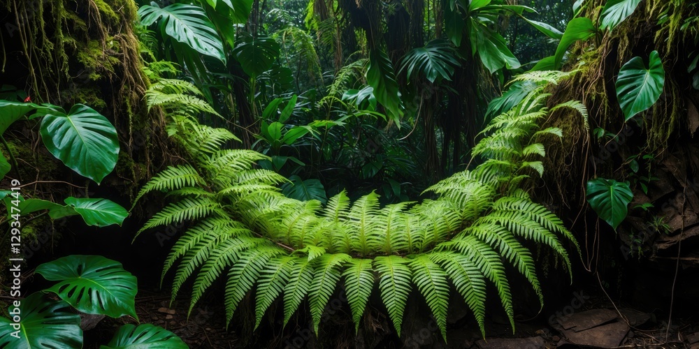 Poster lush birds nest fern in vibrant rainforest setting with abundant greenery and blank space for text o