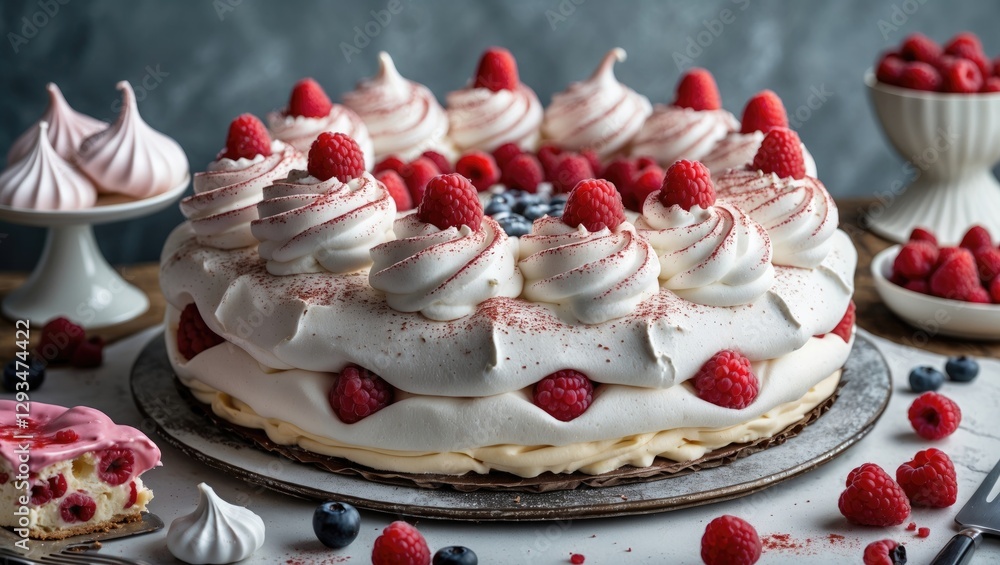 Poster decadent pavlova cake topped with fresh raspberries and meringue swirls on a rustic table setting fo