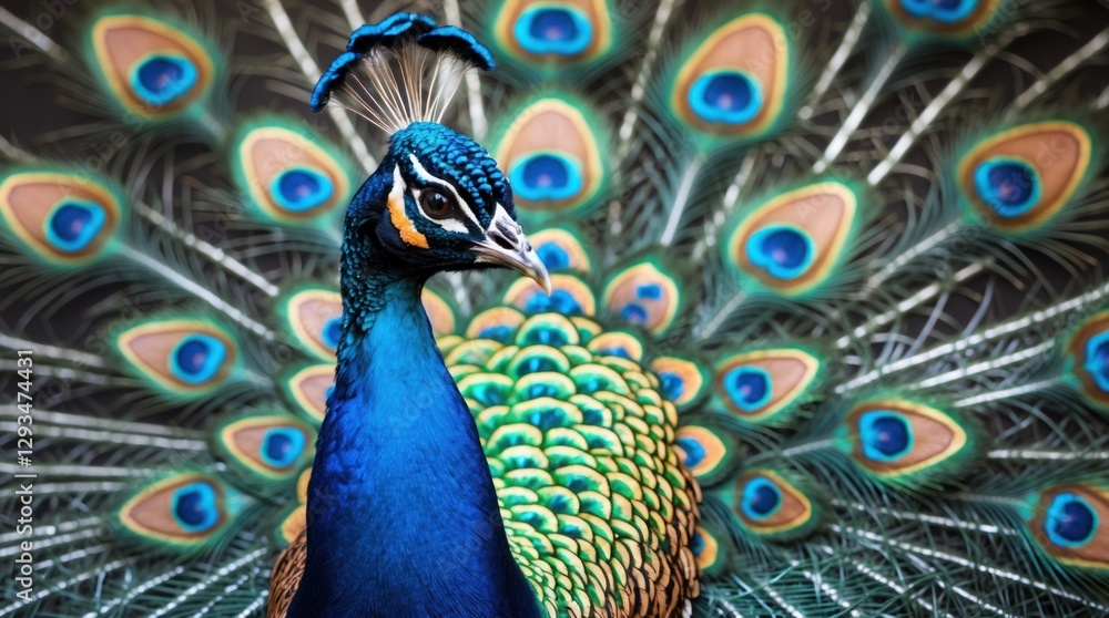 Poster majestic close-up of a vibrant peacock displaying its colorful feathers in full bloom showcasing nat