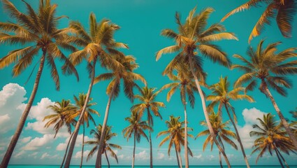 Fototapeta premium Tropical Palm Trees Against a Turquoise Sky Vintage Style Film Effect Ideal for Vacation and Travel Promotions in Coastal Settings