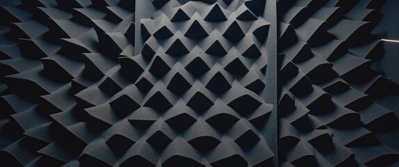 Textured black soundproofing material with geometric patterns ideal for acoustical treatment and background in audio environments. High quality.
