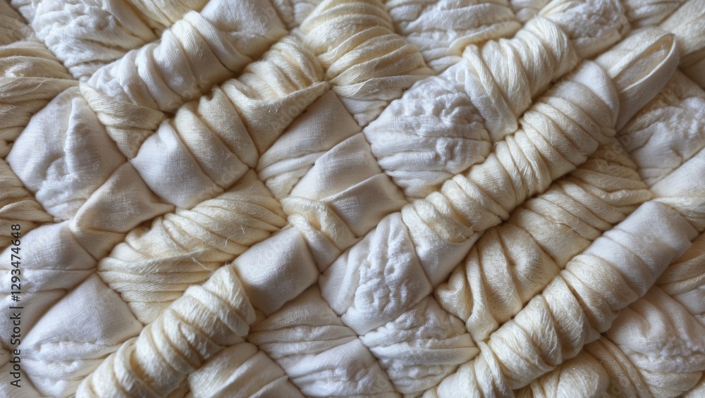Poster textured quilted fabric with intricate stitching patterns in soft beige tones illustrating craftsman